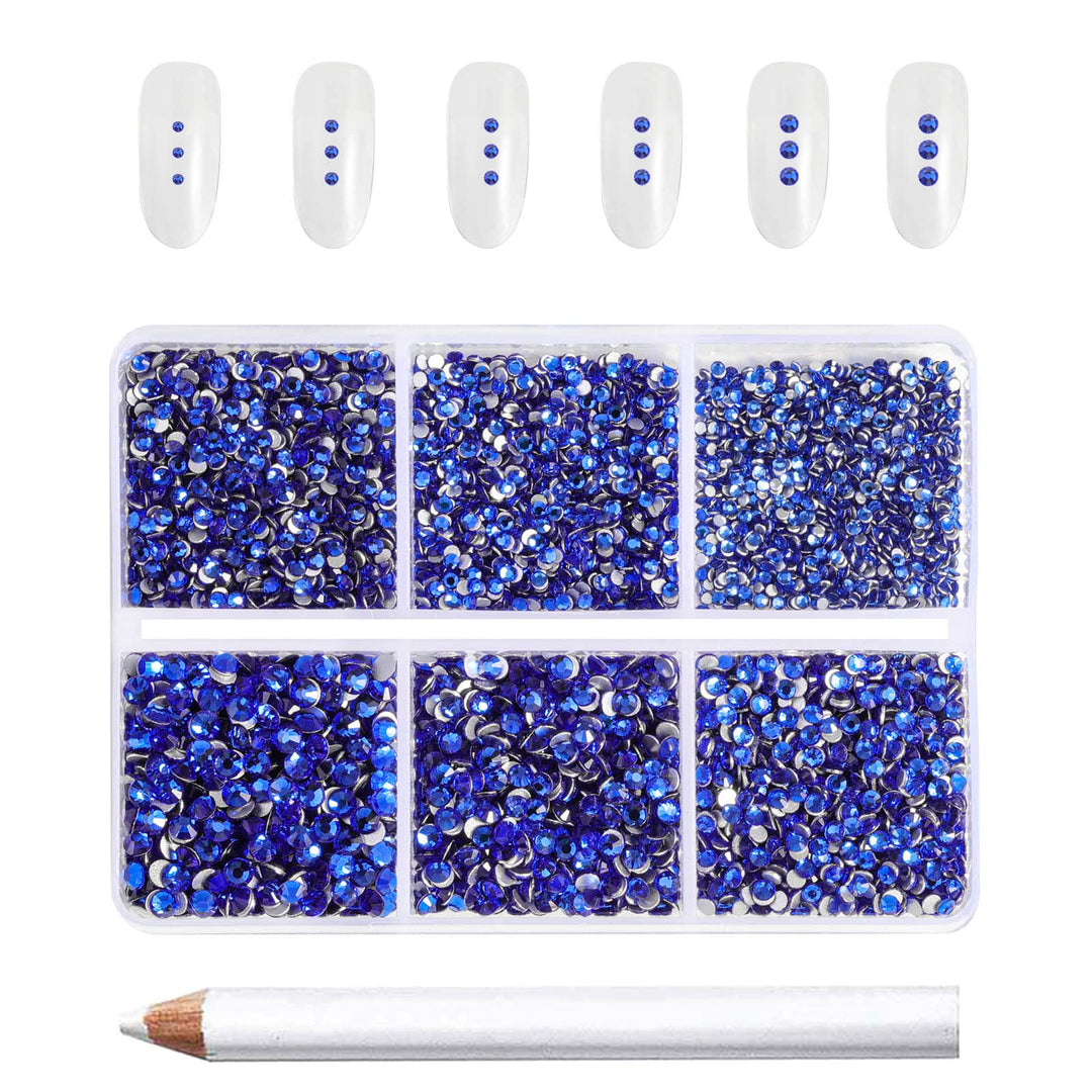 Beadsland 7200Pcs Flatback Rhinestones,Royal Blue Rhinestones Nail Gems Round Crystal Rhinestones For Crafts,Mixed 6 Sizes With