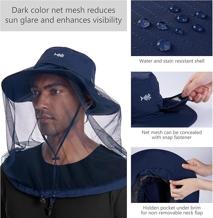 BASSDASH UPF 50+ Mosquito Sun Hat with Hidden Head Net and Neck Flap for Men Women Outdoor Fishing Hiking Camping FH16