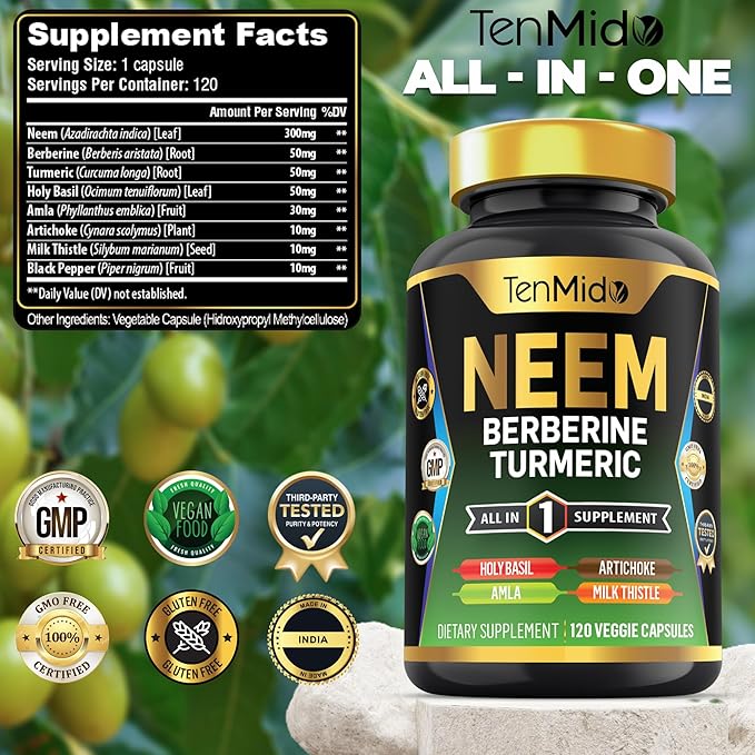 Neem Leaf Supplement - 8in1 Formula - Combine with Berberine, Turmeric, Holy Basil, Amla, Artichoke, Milk Thistle, and Black Pepper - Immune Support - 120 Capsules for 4 Months Supply