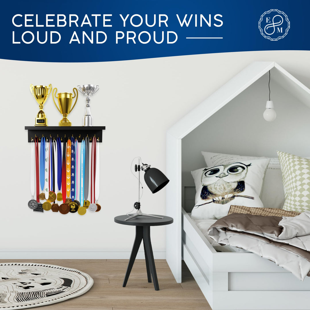 EVERMORE Medal Hanger Display and Trophy Shelf with Hooks - Wooden Medal Holder for Wall Mount Ribbon Display, Trophy Display Shelf for Gymnastics, Soccer, Running Race Medals Awards Rack