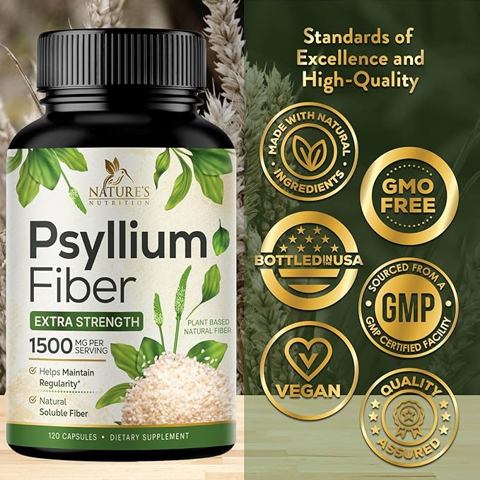 Psyllium Husk Fiber Supplement 1500mg, Natural Daily Soluble & Insoluble Fiber Pills, Psyllium Husk Powder Capsules Supports Digestion Colon Health & Regularity, Plant Based Supplement - 120 Capsules
