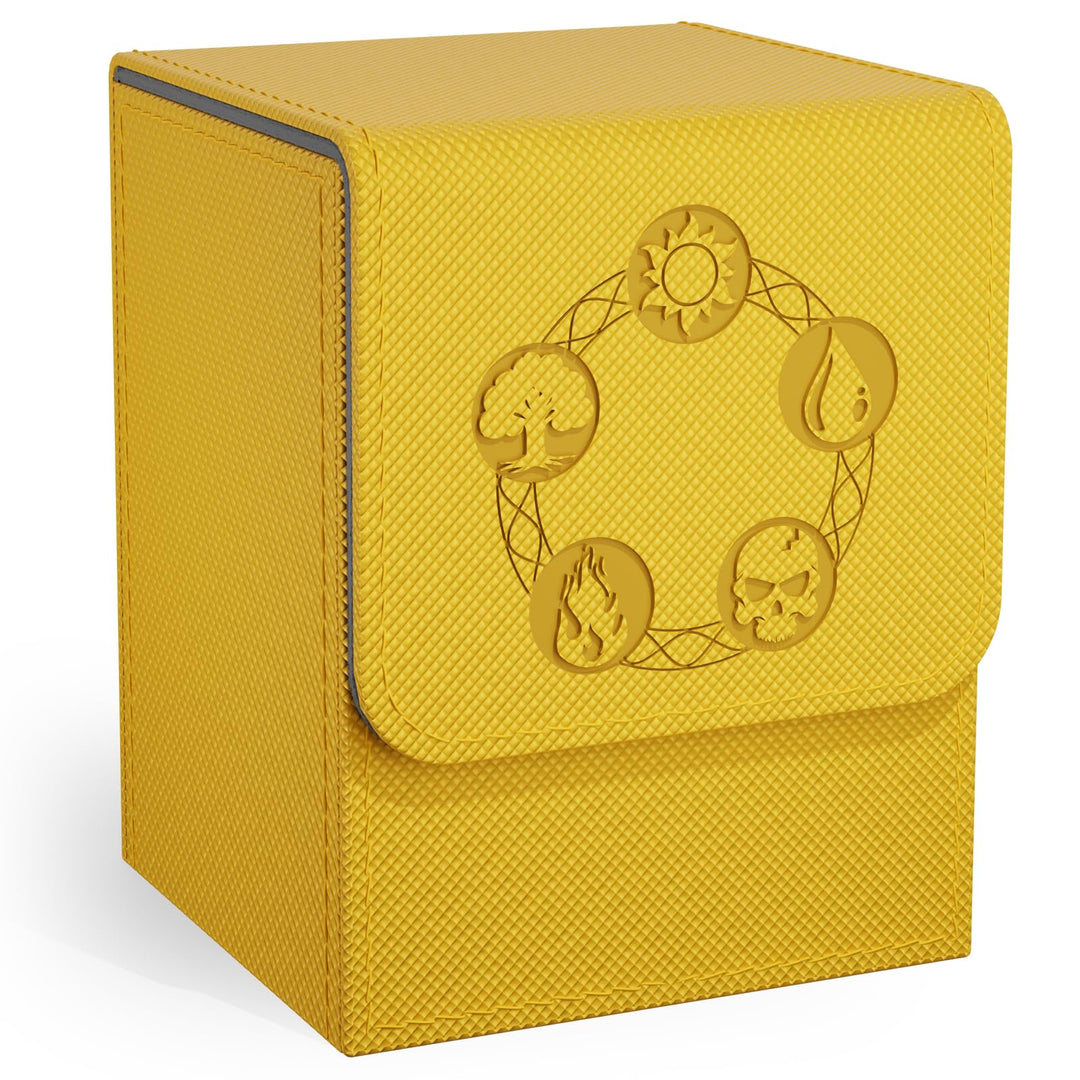 ZLCA Card Deck Box for Trading Cards with 2 Dividers, Card Storage Box Fits 100+ Single Sleeved Cards, PU Leather Strong Magnet Card Deck Case Holder for Magic Commander TCG CCG (Yellow)