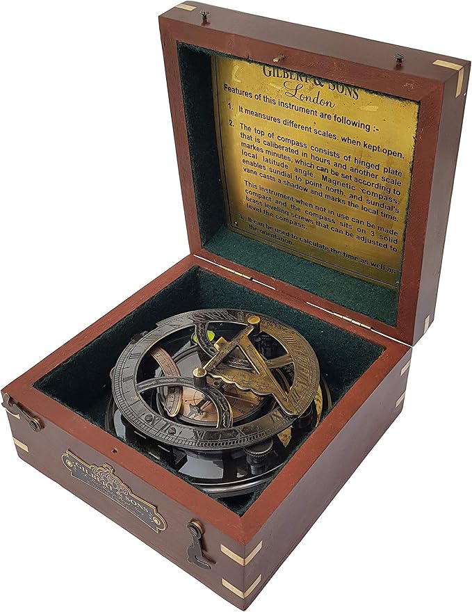 Brass Nautical - 5 inches Large Sundial Compass in Rosewood Case Top Grade Calibrated Vintage Gift