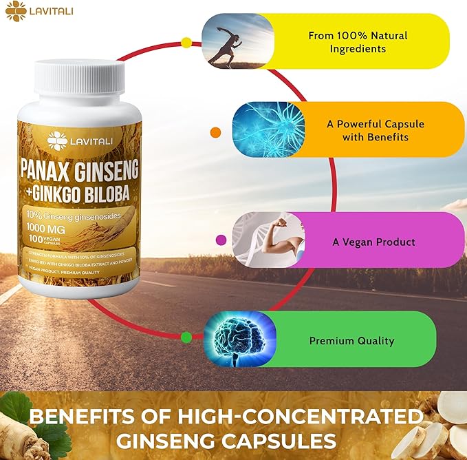 Ginseng & Ginkgo Biloba 100 Veggie Capsules, Energy Ginseng Root Extract Powder, with Ginkgo Biloba Extract, 100% Natural & Non-GMO, Vegan, Gluten Free, Dairy Free