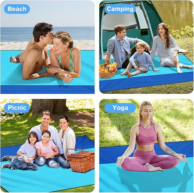 Beach Blanket Waterproof Sandproof Large Beach Mat 79" X 87", Quick Drying Durable Portable Lightweight Outdoor Nylon Picnic Blanket for Travel Camping Hiking, Blue