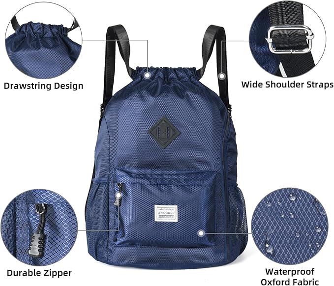 ALUSBELL Large Drawstring Backpack Bag, Sports Gym Bag String Sackpack with Shoes Compartment, Waterproof String Bag Cinch for Women Men(Navy Blue)