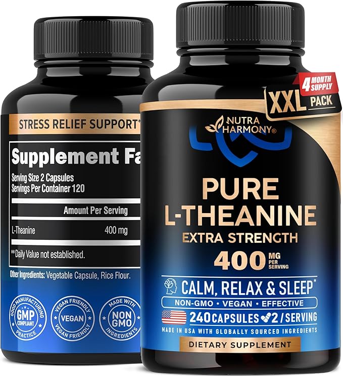 L Theanine 400 mg | L-Theanine Stress Relief | Extra Strength Supplement | Made in USA | Relaxation, Sleep & Calm Support | For Men & Women | Plant Based, Non-GMO & Gluten-Free | 240 Vegan Capsules
