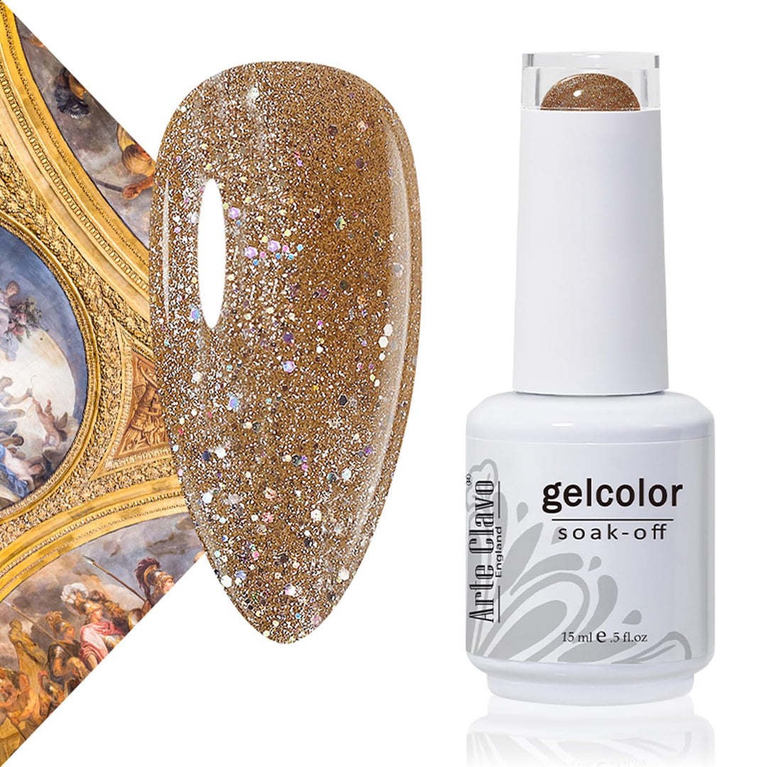 Arte Clavo 15Ml Glitter Gel Nail Polish, Gold Glitter Color Soak Off Uv Led Nail Gel Polish Nail Art Starter Manicure Salon Diy