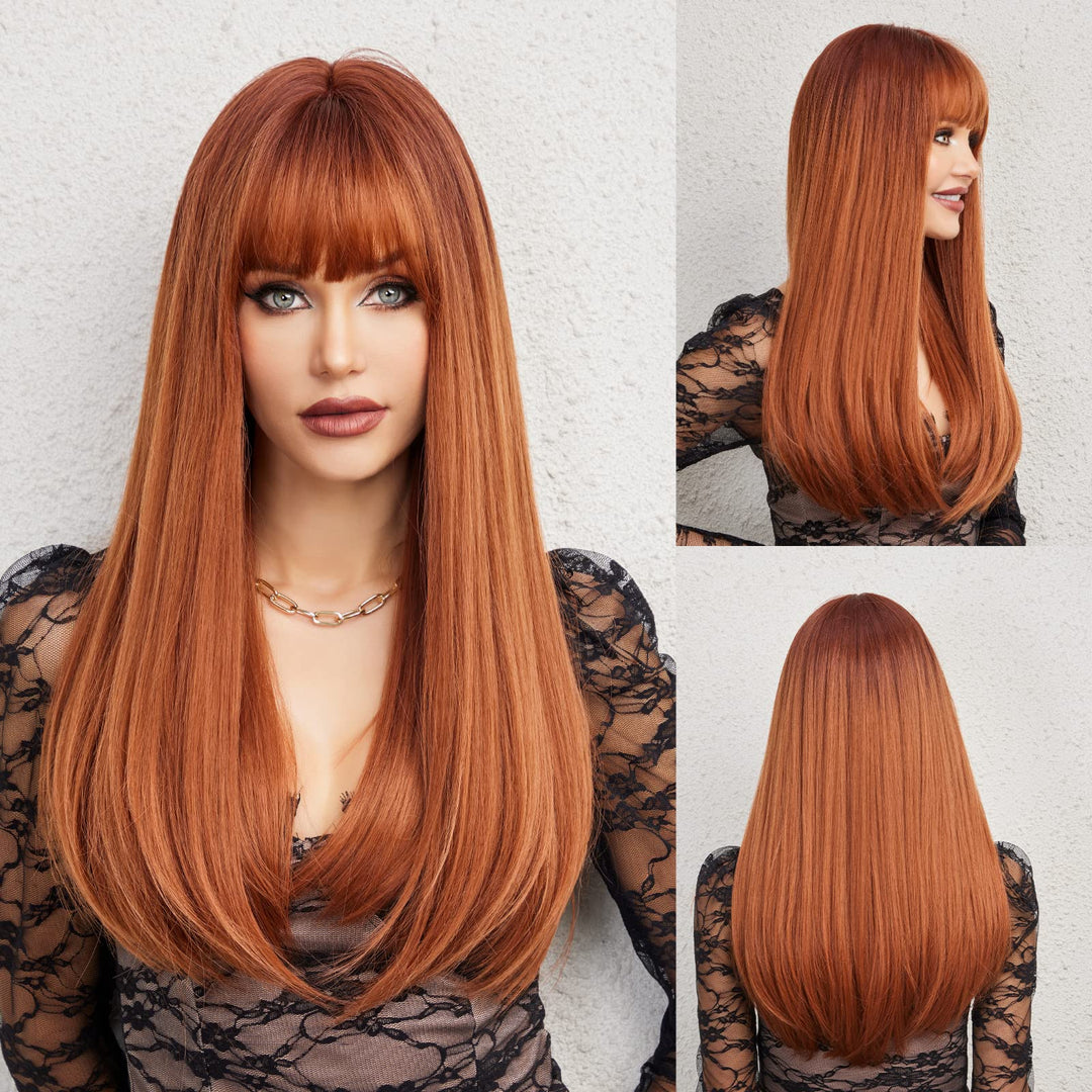Haircube Auburn Wig With Bangs Long Hair With Bangs Red Hair Natural Appearance Heat-Resistant Synthetic Wig Daily Play Party Su