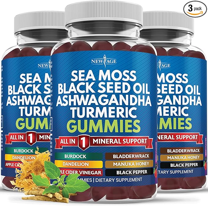 Sea Moss Gummies, Sea Moss, Black Seed, Ashwagandha, Turmeric, Manuka Honey, ACV, Dandelion, Black Pepper, Burdock, Bladderwrack, Vegan- 180 Count
