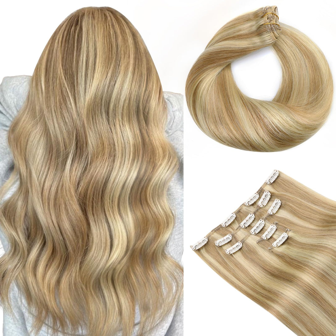 Hotbanana Clip In Hair Extensions, Balayage Light Blonde Highlighted Golden Blonde (Ash Tone) 5Pcs Clip In Hair Extensions Real