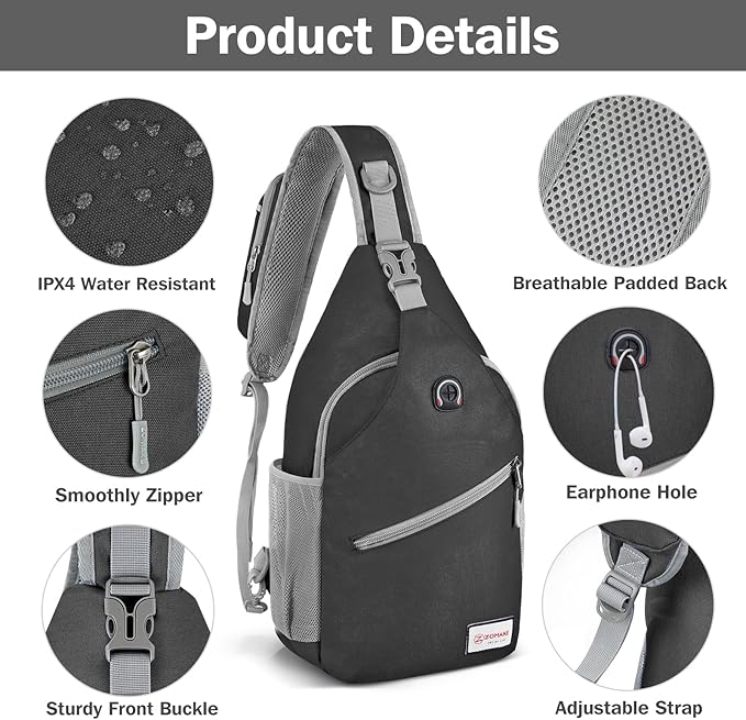 ZOMAKE Sling Bag for Women Men, Small Crossbody Sling Backpack, Mini Water Resistant Shoulder Daypack for Travel, Anti Thief Chest Bag for Hiking, Sports,Black(new)