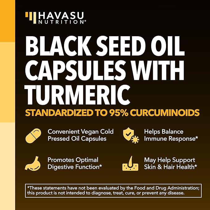 Black Seed Oil Capsules with Turmeric Curcumin Supplement - Immune & Digestive Health Support - 60 Count - Vegan, Non-GMO, Cold Pressed Black Seed Oil with Curcumin (95% Curcuminoids) - 1 Month Supply