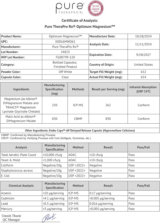 Pure TheraPro Rx Optimum Magnesium Lysinate Glycinate & Di-Magnesium Malate, Made in USA | 2 Month Supply | Chelated Magnesium for Maximum Absorption, Supports Bone Health & Energy, Non-GMO