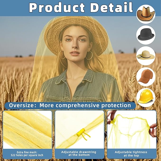 2 Pack Ultra Large Mosquito Net 42x25 Inches Mosquito Head Net Oversized Insect Netting Bug Fits Most Hats for Gardening Hiking Fishing Traveling(Yellow)