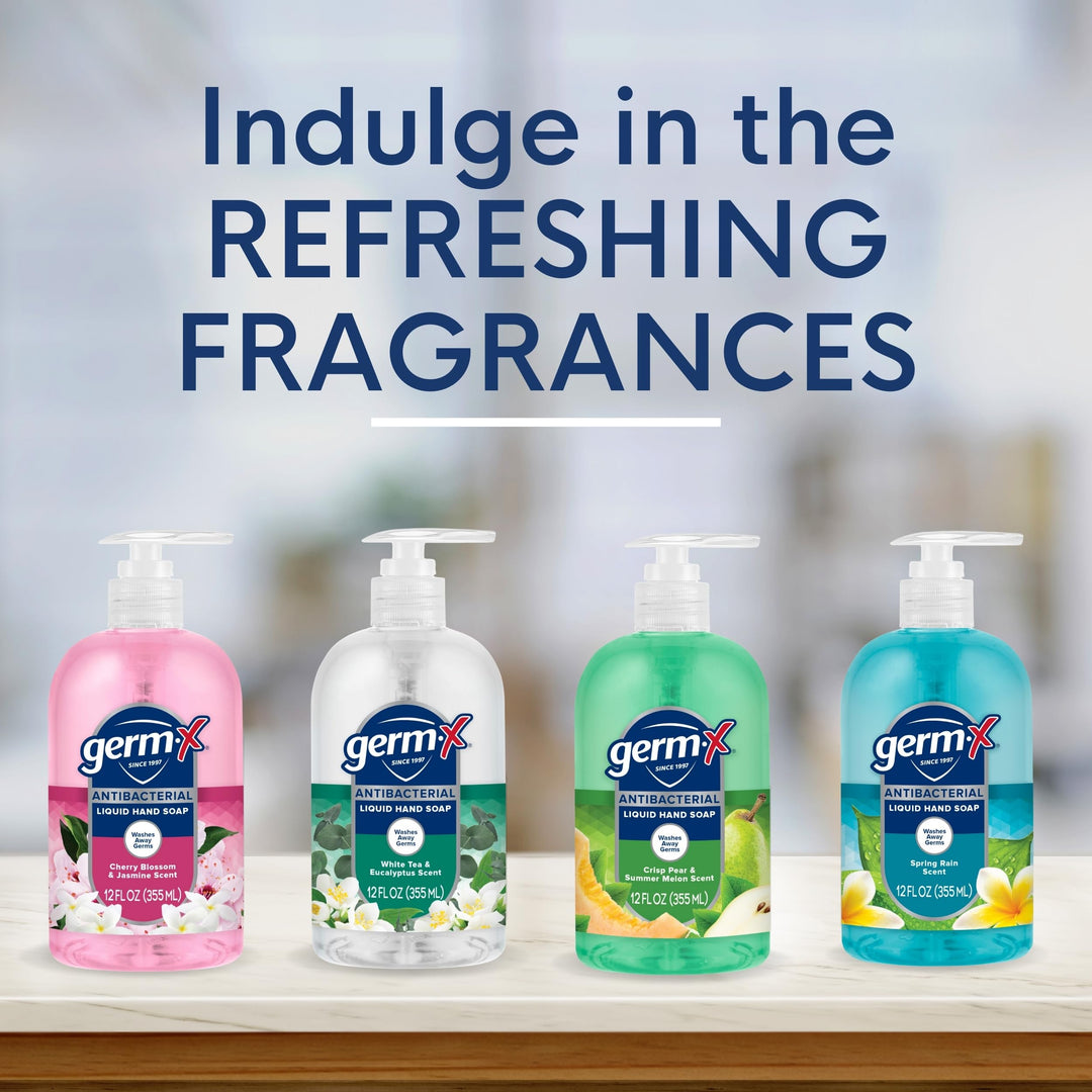 Germ-X Antibacterial Hand Soap, Moisturizing Liquid Hand Wash for Kitchen or Bathroom, pH Balanced & Dermatologist Tested, Spring Rain, 12 oz Pump Bottle (Pack of 4)