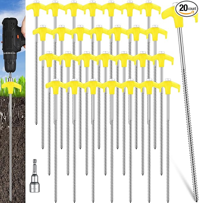 Hicarer 12 Inch Tent Stakes Screw in Camping Stakes Heavy Duty Metal Stake Ground Anchor Peg Threaded Tent Spikes with Hex Head Driver for Camping Garden Inflatable