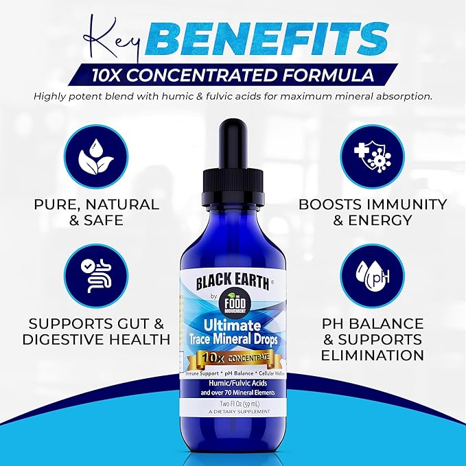 Black Earth Ultimate Trace Minerals 10x Strength, Fulvic Acid & Humic Acid, Non GMO Vegan 2 Ounce Dropper - Ideal Supplement for Athletes