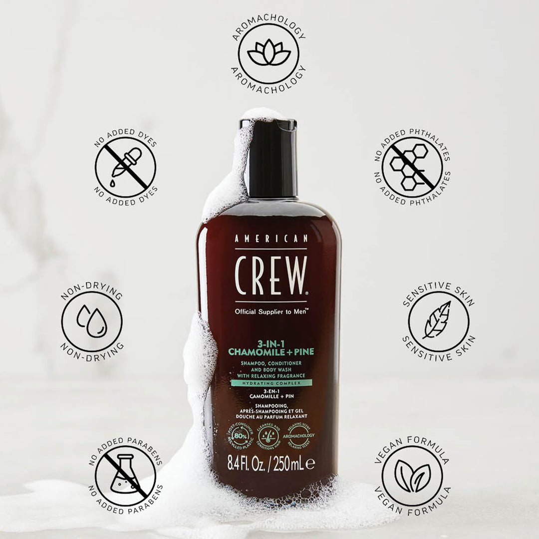 AMERICAN CREW 3-IN-1 CHAMOMILE + PINE Shampoo, Conditioner and Body Wash, 8.4 Fl Oz (Pack of 1)