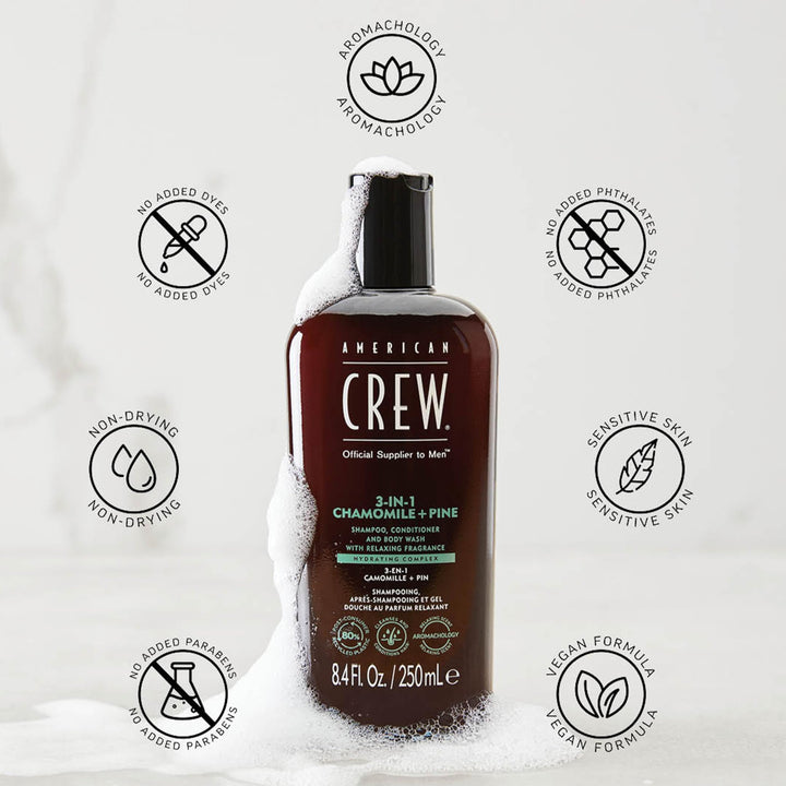 AMERICAN CREW 3-IN-1 CHAMOMILE + PINE Shampoo, Conditioner and Body Wash, 8.4 Fl Oz (Pack of 1)