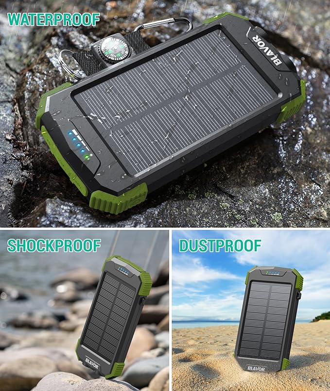 BLAVOR Solar Charger Power Bank 10,000mAh, Portable Wireless Charger, 20W Fast Charging External Battery Pack with USB C for Cell Phones, Solar Panel Charger with Dual Flashlight for Camping