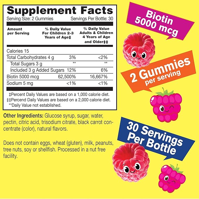 Biotin Gummies for Kids 5000 mcg - Supports Hair Growth, Skin Health, and Nails - Natural Sourced Flavors - GMO Free, Gluten Free - Gummy for Boys and Girls - 60 Count