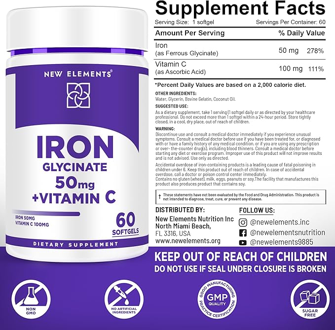 Iron Glycinate 50mg with Vitamin C | Advanced Iron Supplement for Anemia Relief, Immune Boost & Energy Support | Gentle on Stomach, Fast Absorption | Non-GMO, Gluten-Free Softgels for Women & Men