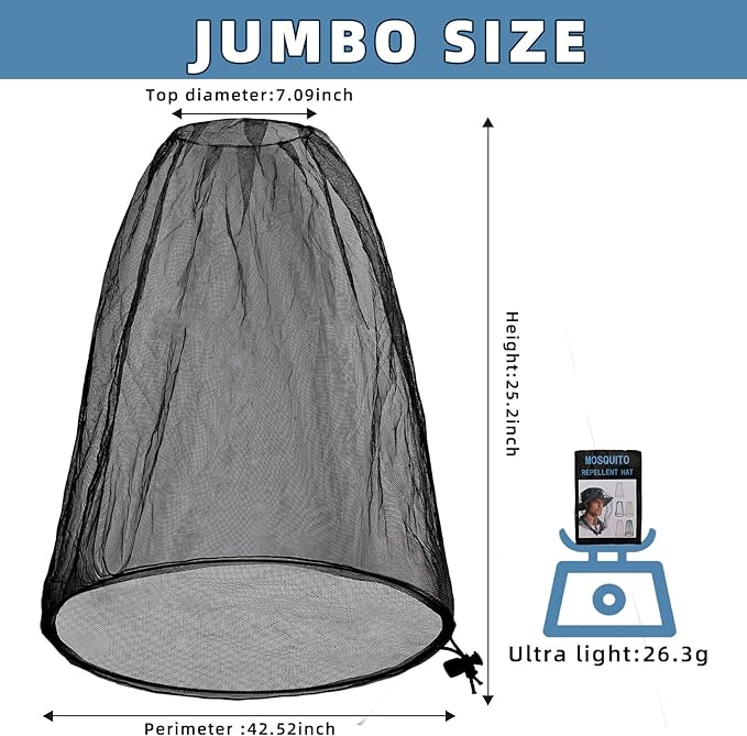 2 Pack Ultra Large Mosquito Net 42x25 Inches Mosquito Head Net Oversized Insect Netting Bug Fits Most Hats for Gardening Hiking Fishing Traveling(Black)