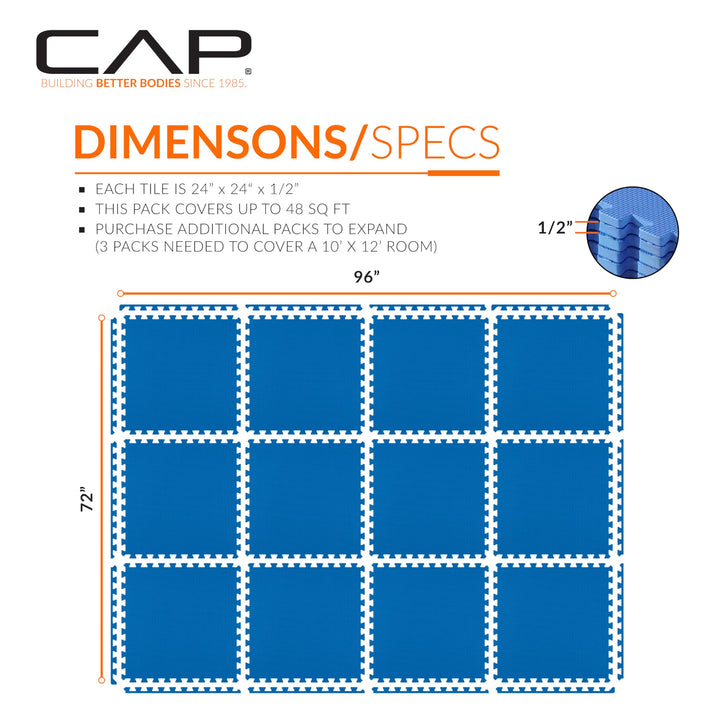 CAP Barbell 1/2 Interlocking EVA Foam Exercise Puzzle Mats - 2 Pack | 24" x 24" x 1/2" | T Pattern - Blue