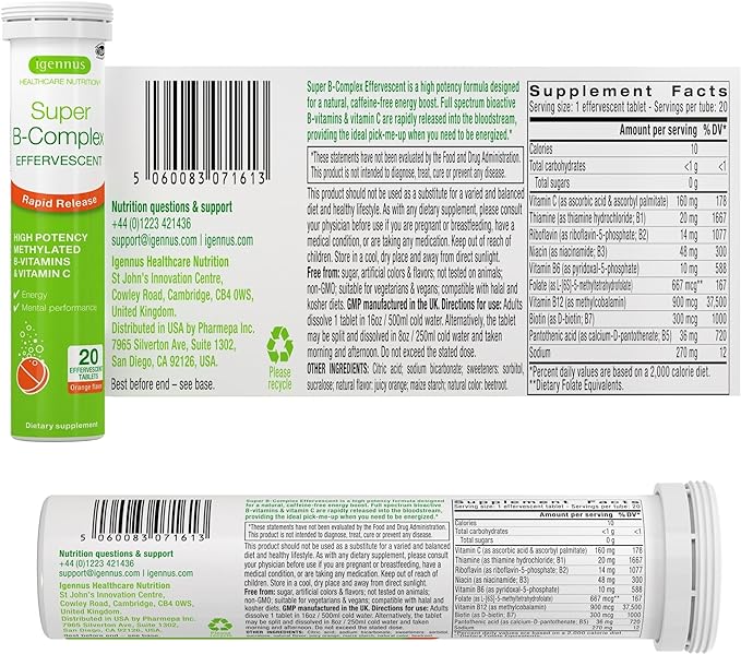 Igennus Super B-Complex Methylated Liquid B-Vitamin Effervescent Supplement, Fast Action Energy Drink, Caffeine & Sugar-Free, Orange Flavor, Vegan, 20 Tablets