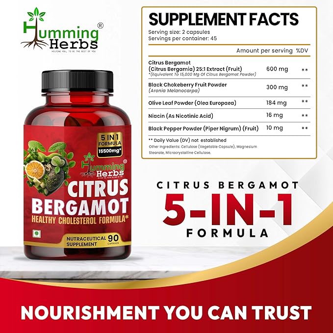 Bergamot Citrus 1110mg – Supports Heart Health – with Black Choke Berry, Niacin, Olive Leaf & Black Pepper Extract 90 Capsule