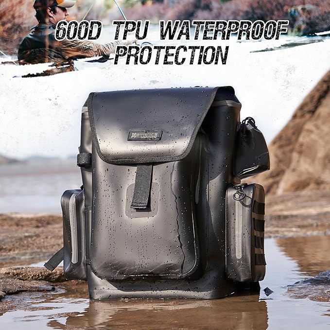 Fishing Tackle Backpack Dry Bag with rod holder 4 tackle boxes and Organizer, Waterproof 600D TPU Fabric with Heat Pressed Seams for Freshwater, Saltwater, Fly Fishing, Camping, and Hiking
