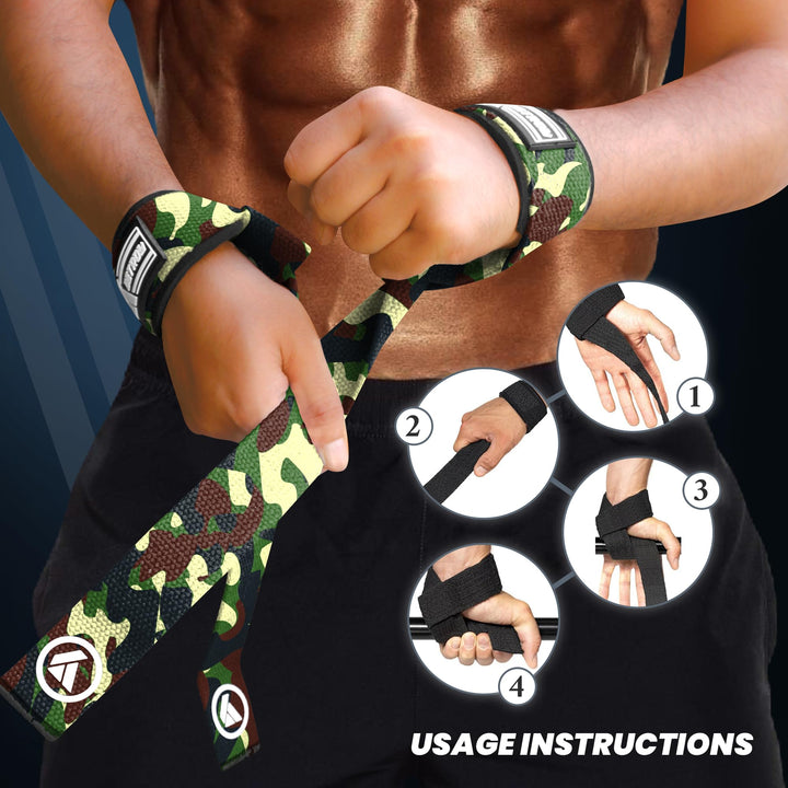 Detroy® Lifting Wrist Straps for Weightlifting, Deadlifts, Bodybuilding, Powerlifting, Gym Strength Training Workouts - Padded Neoprene with 24 inch Webbing Cotton with Silicone Grip for Men & Women (Camo)