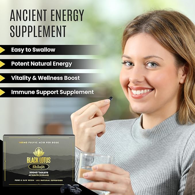 Resin Tablets, 60 Count, 200mg Each, 100% Pure Natural Shilajit for Men & Women with Amino Acids, 140mg Fulvic Acid, 85 Ionic Trace Minerals, for Immune Support, Focus, Energy