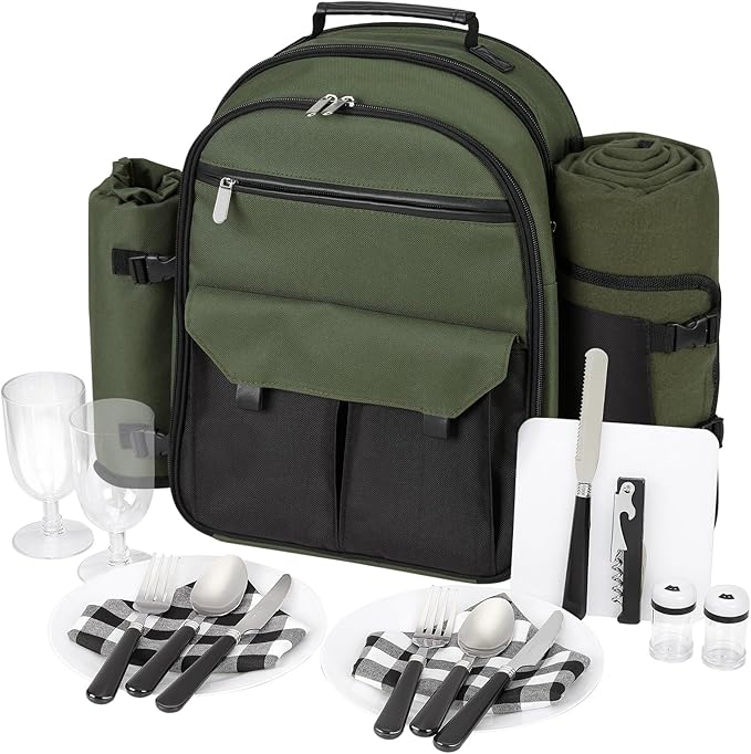 22L Insulated Picnic Basket Leak Proof Picnic Backpack for 2, Green Camping Gifts, Cool Bridal Shower Gifts for Bride and Groom, Mr and Mrs, Anniversary Engagement Wedding for Newly Engaged Couples