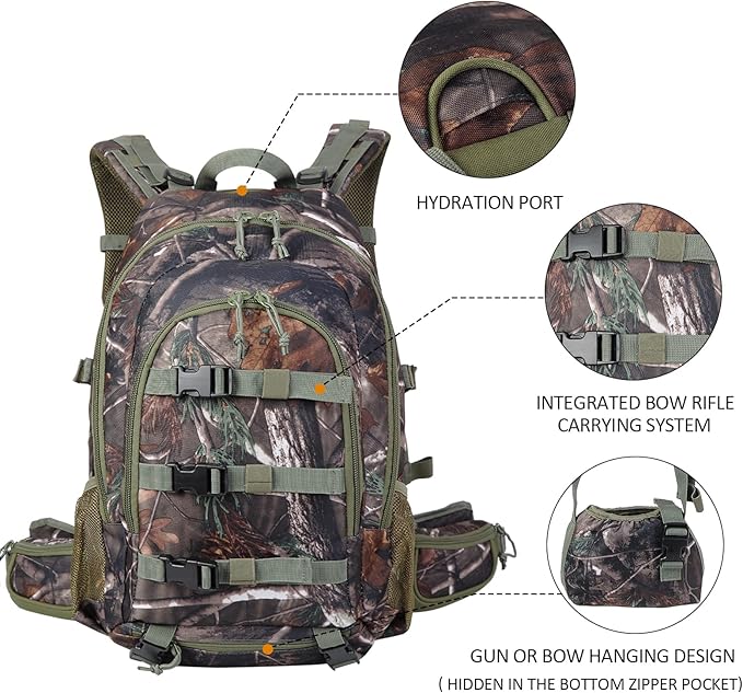AUMTISC 40L Hunting Bag Backpack with Rifle Holder for Men, Waterproof Camo Hunting Day Back Pack with Rain Cover for Gun Bow
