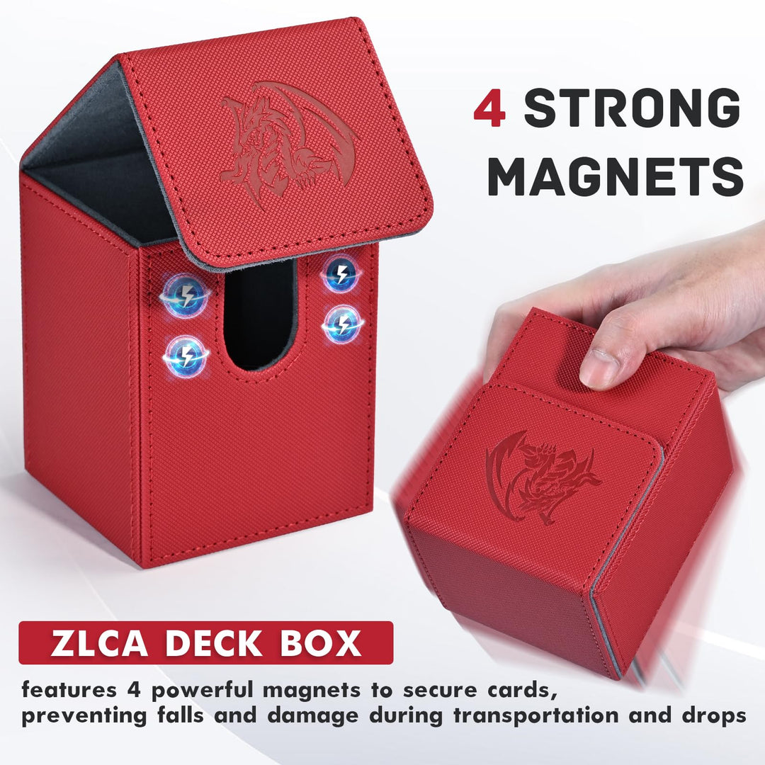 ZLCA Card Deck Box for Trading Cards with 2 Dividers, Card Storage Box Fits 100+ Single Sleeved Cards, PU Leather Strong Magnet Card Deck Case Holder for Magic Commander TCG CCG （Red,Emperor Dragon）