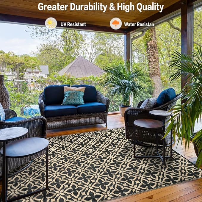 Outdoor Rug for Patios Clearance,Waterproof Mat,Large Outside Carpet,Reversible Plastic Straw Camping Rugs,Rv,Porch,Deck,Camper,Balcony,Backyard (5x8,Clover A/Black&Beige)