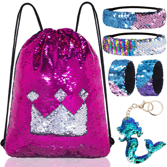 Mermaid Reversible Sequin Drawstring Backpack/Bag Rose Red/Silver for Kids Girls One_Size
