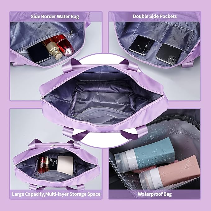 Expandable Travel Duffel Tote Bag - Foldable Overnight Weekender, Carry-On, Swim & Gym Bag - Fits Spirit Airlines Personal Item Size - Lightweight, Waterproof & Durable with Trolley Sleeve,Purple
