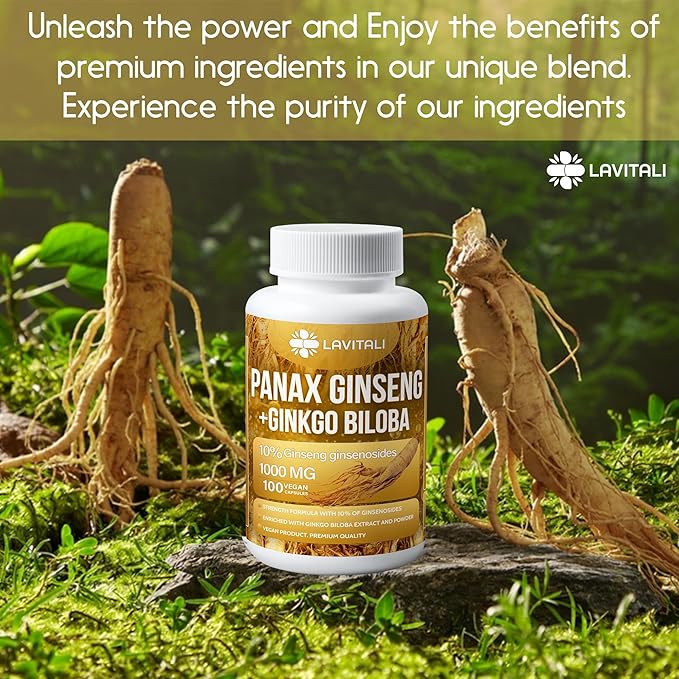 Ginseng & Ginkgo Biloba 100 Veggie Capsules, Energy Ginseng Root Extract Powder, with Ginkgo Biloba Extract, 100% Natural & Non-GMO, Vegan, Gluten Free, Dairy Free