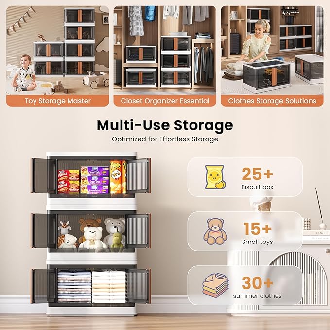 8.4Gal Collapsible Storage Bins with Lids & Wheels - 2 Pack Stackable with Doors, Heavy-Duty Plastic Containers for Home/Office, White