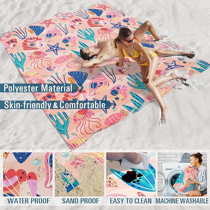 Beach Blanket Sandproof Waterproof 78''×110'' 1-7Adults Oversized,Compact Lightweight Durable Beach Mat for Travel Camping Hiking Picnic Blanket