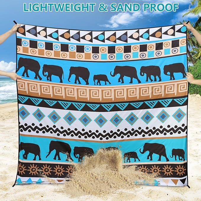 Beach Blanket Waterproof Sandproof Beach Mat for 1-8 Adults Quick Drying Durable Outdoor Picnic Mat for Beach Festival Travel Camping Hiking (Elephant-GN, 79"×83"(4 Person))