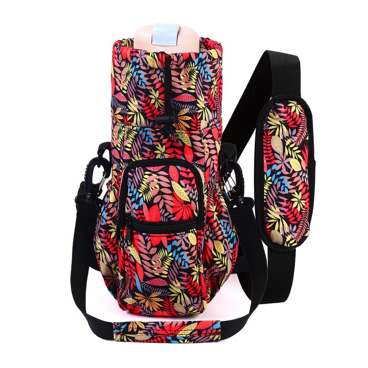 FCQQYWZ Water Bottle Holder with Strap, 32/40oz Water Bottle Bag Crossbody Insulation Water Bottle Holder with Adjustable Shoulder Strap, 4 Pockets for Walking,Camping,Hikingand Fishing (Leaf)