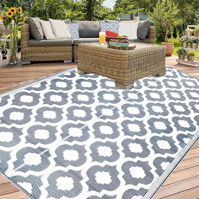 BalajeesUSA Outdoor Rugs 9 by 18 Feet Grey Reversible Recycled Plastic Straw Patio Rugs Waterproof Large RV Camper Awning mat 7070