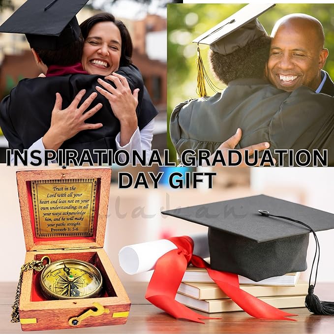 Trust in The Lord - Proverbs 3: 5-6 Engraved Compass, Wood Box Greeting, Inspirational Gift Men, Christian Boys Baptism Gifts, Graduation Day