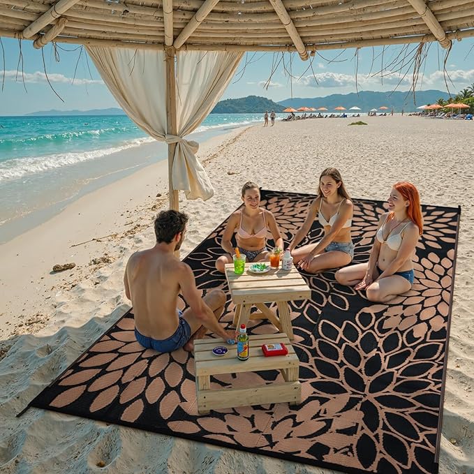 Anidaroel Outdoor Rugs 6x9ft for Patios Clearance Waterproof, Reversible Tropical Plastic Straw Camping Mat Outside Rug, Large Outdoor Area Rug for RV,Deck, Balcony, Picnic(Black/Brown,6'x9')