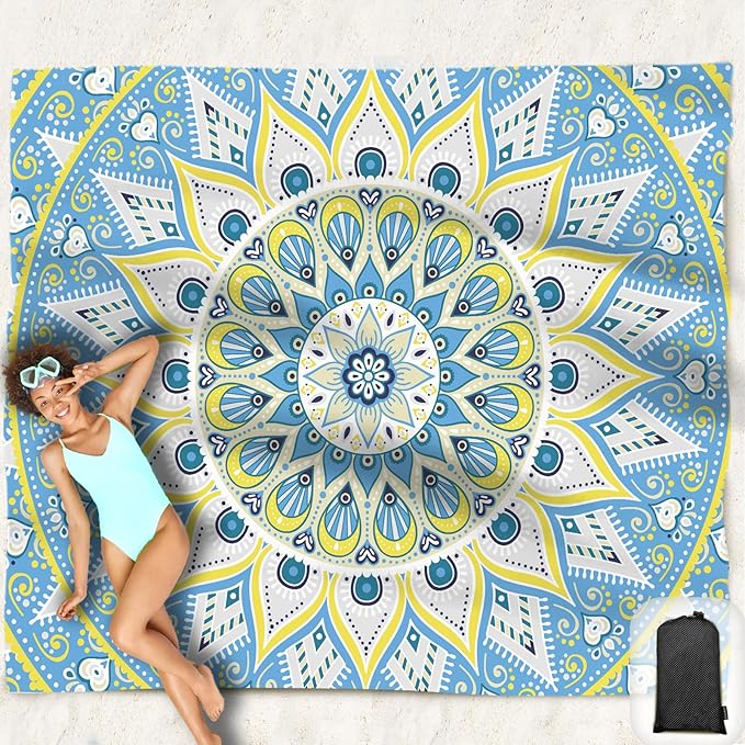 Beach Blanket Waterproof Sandproof Oversized 95”x 80”,Sand Free Beach Mat with Corner Pockets,Portable Mesh Bag for Beach Festival,Picnic,Travel and Outdoor Camping (Oceansunyellow)