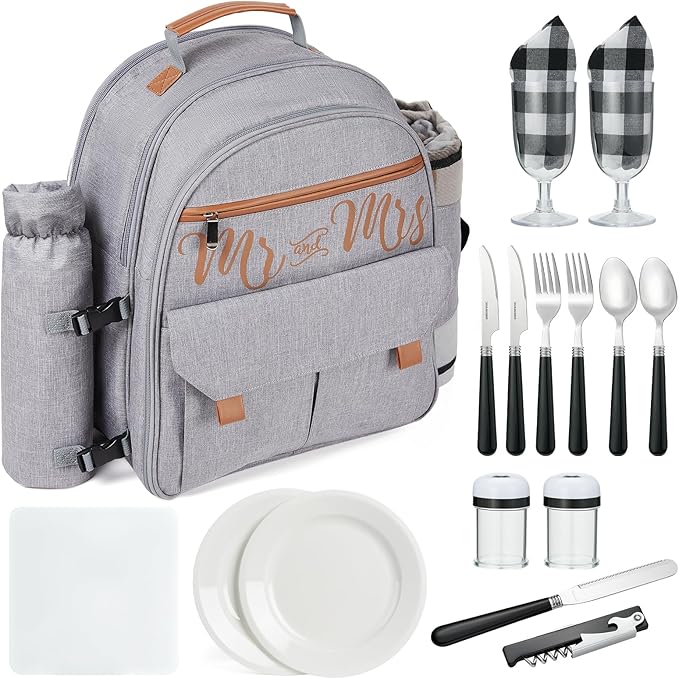Couple Gifts 22L Picnic Basket Set, Grey Insulated Picnic Backpack for 2, Leak Proof Cooler Camping Gifts, Cool Bridal Shower Gifts Anniversary Engagement Wedding Gifts for Couples, Mr and Mrs Gifts